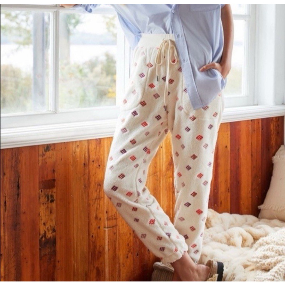 Daily Practice Anthropologie Fleece Embroidered Joggers Lounge Pants PJs Size XS